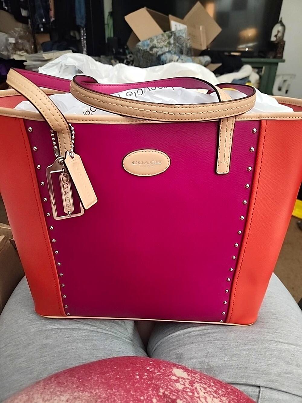 Coach Large Leather Studded Colorblock Tote Handbag Pink/Orange E1421-F31325